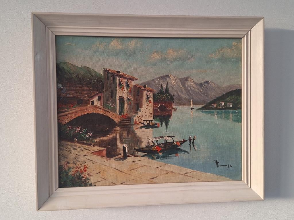 Schilderij met riviergezicht en bergen, Ophalen of Verzenden