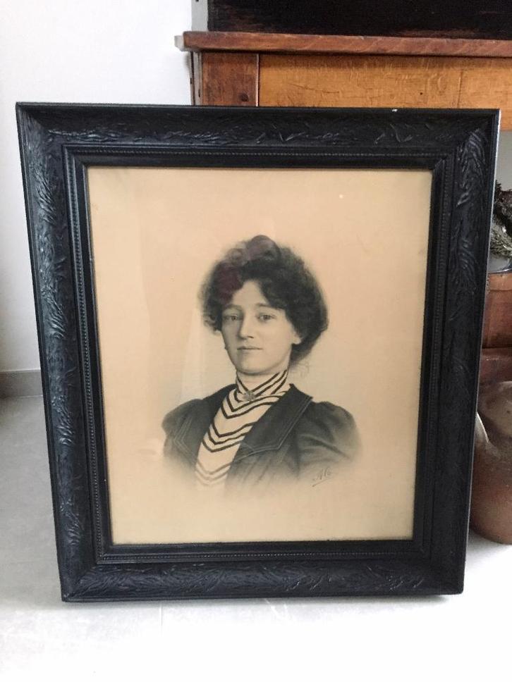 Antiek portret schilderij / tekening zwart pastel krijt, Antiek en Kunst, Kunst | Schilderijen | Klassiek, Ophalen of Verzenden