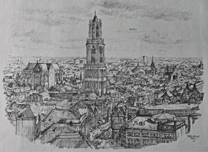 Stad Utrecht...Gezicht op het centrum ..., Antiek en Kunst, Kunst | Tekeningen en Foto's, Ophalen of Verzenden