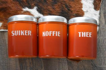 Emaille oranje blikken koffie thee suiker vintage 3x blik beschikbaar voor biedingen