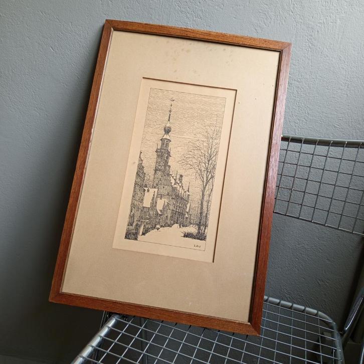 Ets Lucie van Dam van Isselt Stadhuis van Veere in de Sneeuw, Antiek en Kunst, Kunst | Etsen en Gravures, Ophalen of Verzenden