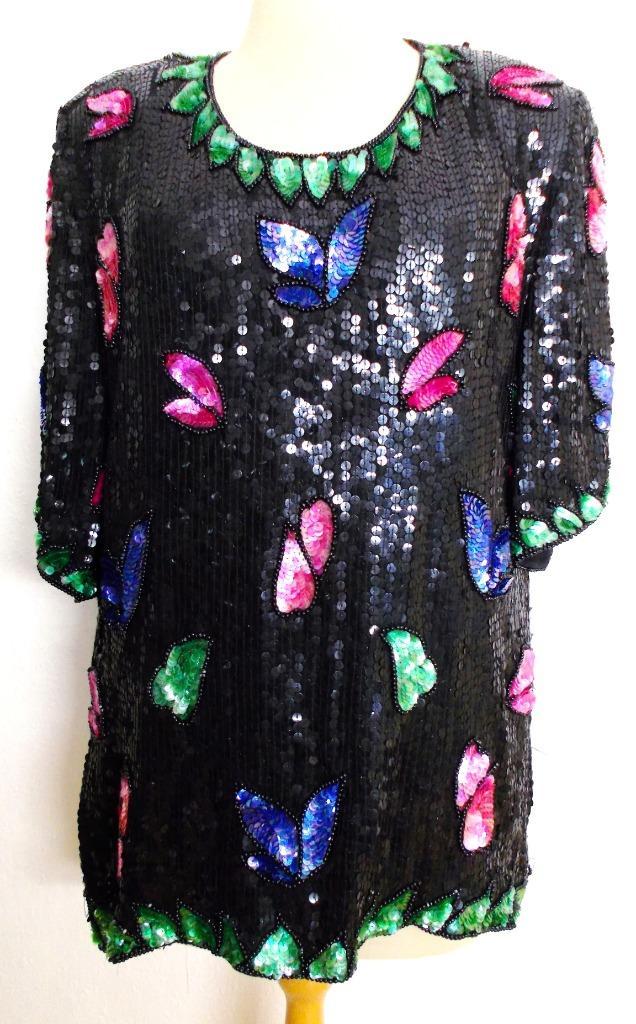 Zwarte pailletten glamour top van designer Frank Usher! L, Kleding | Dames, Blouses en Tunieken, Zo goed als nieuw, Maat 42/44 (L)