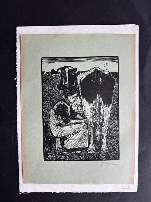 Jan Mankes houtsnede koemelkster, Antiek en Kunst, Kunst | Etsen en Gravures, Ophalen of Verzenden