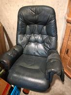 Gratis leren fauteuil donkergroen met voetenbankje, Ophalen, Gebruikt, 75 tot 100 cm, 50 tot 75 cm