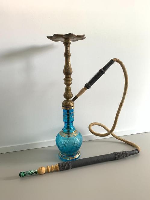 Waterpijp Shisha messing turquoise glas met gouden details, Verzamelen, Rookartikelen, Aanstekers en Luciferdoosjes, Gebruikt