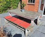 Steigerhouten tafel en 2 banken met kussens, Ophalen, Gebruikt, Steigerhout