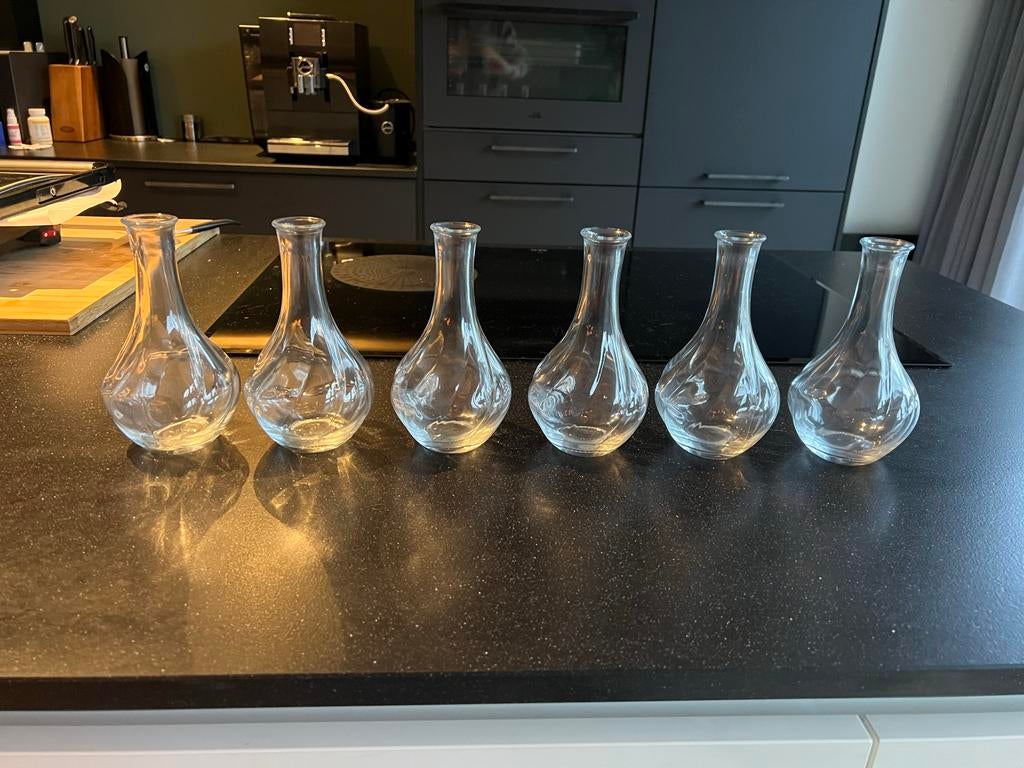 Set van 6 kleine glazen vaasjes, Overige kleuren, Ophalen of Verzenden, Minder dan 50 cm, Glas
