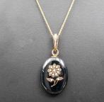 18 kt gouden collier met medaillon, onyx parels roosdiamant., Goud, Hanger, Met edelsteen, Ophalen of Verzenden