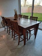 Teakhouten eettafel 197x89 cm met 6 stoelen, Ophalen, Gebruikt, Koloniaal, Teakhout