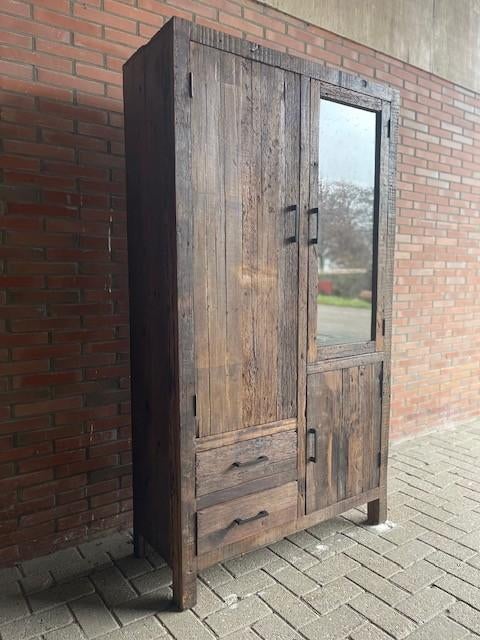 Kabinet 100 cm massief oud hout verdraaid mooi voorraad, Nieuw, 150 tot 200 cm, 25 tot 50 cm, Glas
