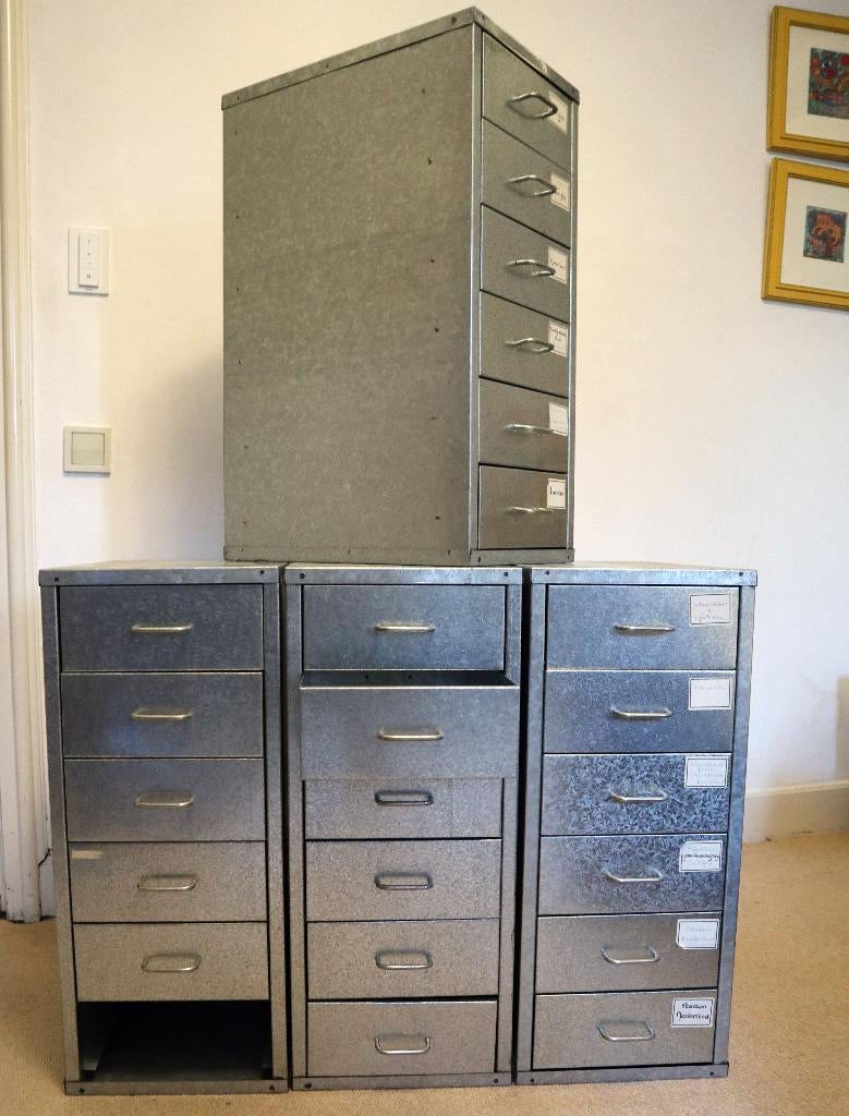 Set van 5 industriele verzinkte ladekasten 6 laden, Huis en Inrichting, Kasten | Ladekasten, 3 of 4 laden, Ophalen, 25 tot 50 cm