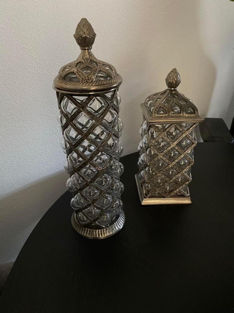 Decoratieve Glazen Potten met Metalen Deksel - Set van 2, Ophalen of Verzenden
