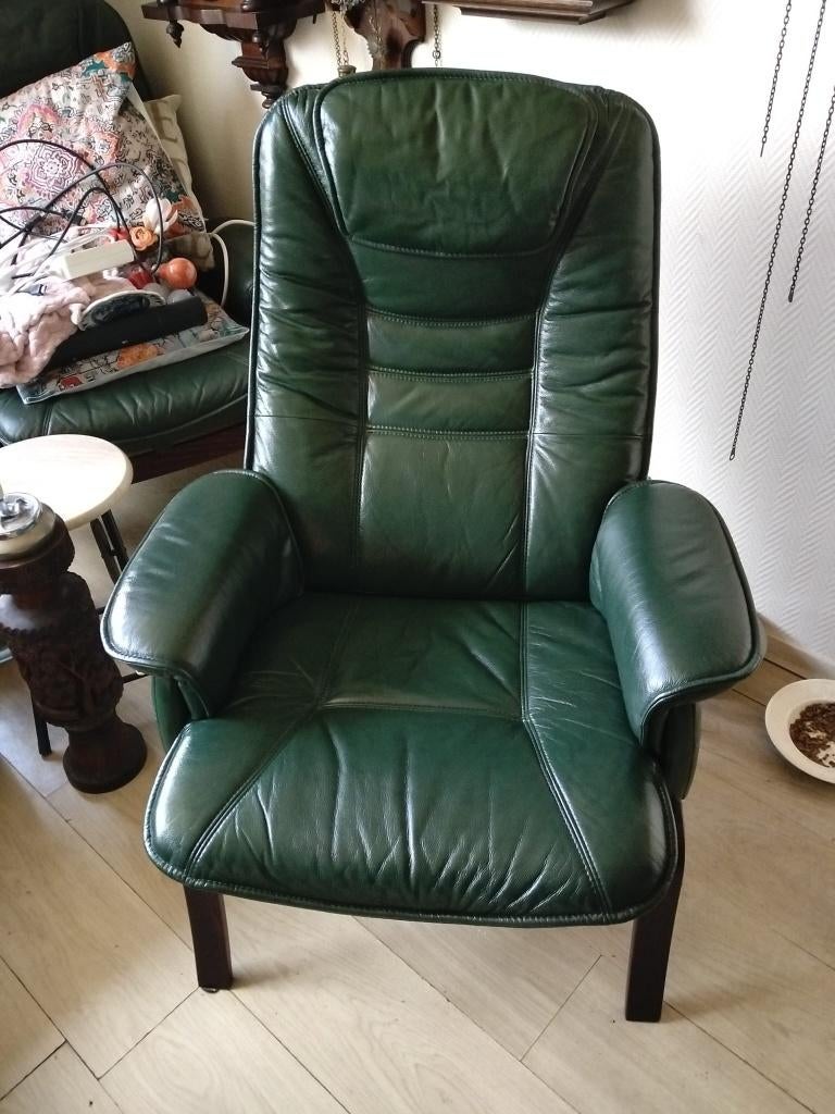Lederen Fauteuil groen, Huis en Inrichting, Fauteuils, Ophalen, Minder dan 50 cm, Gebruikt, Minder dan 75 cm