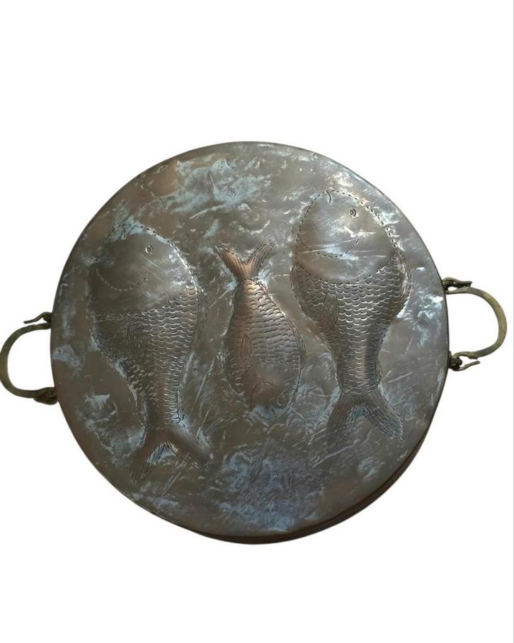 Oude Koper vissenpan muurversiering met vissen, Antiek en Kunst, Antiek | Tin, Ophalen