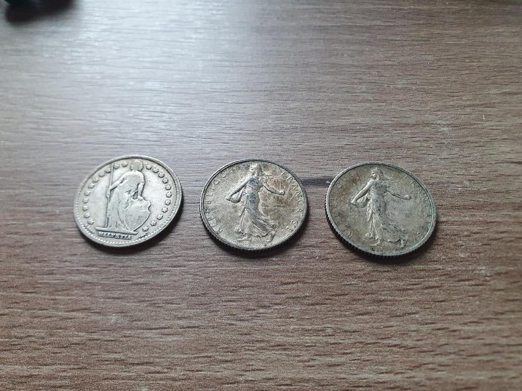 3 zilveren munten 1 Franc Zwitserland en Frankrijk, Ophalen of Verzenden, Frankrijk