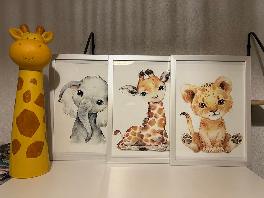 3 delig Jungle safari schilderij incl standbeeld giraf, Kinderen en Baby's, Ophalen of Verzenden, Zo goed als nieuw, Wanddecoratie