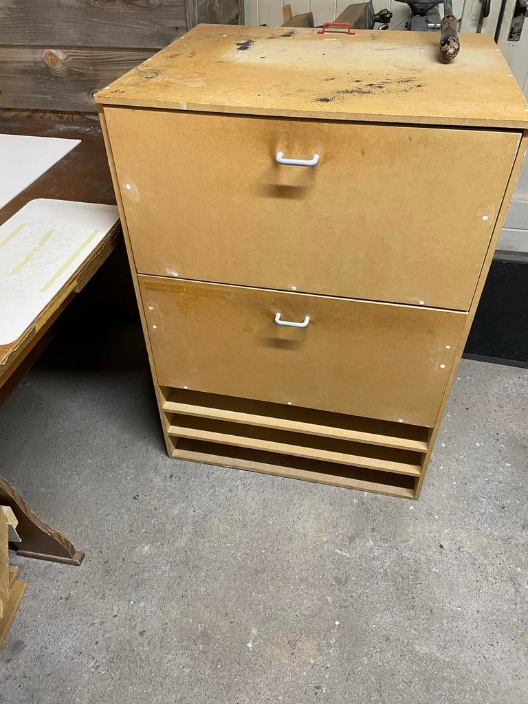 Zelfgemaakte kast met vakken en lades voor schuur, Huis en Inrichting, Kasten | Ladekasten, Ophalen, Gebruikt, 1 of 2 laden, 100 tot 150 cm