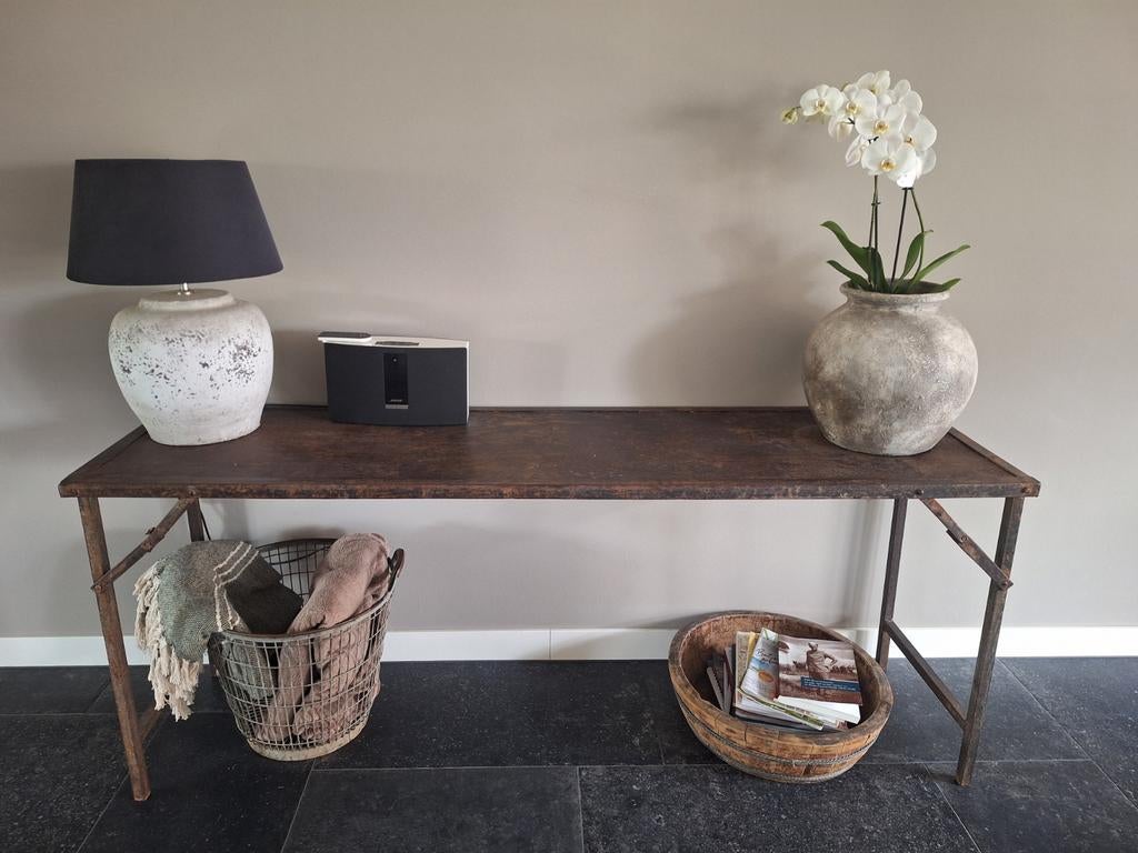 Oude markttafel 183cm breed, 74cm hoog, 49cm diep, Ophalen, Gebruikt, Landelijk, Metaal