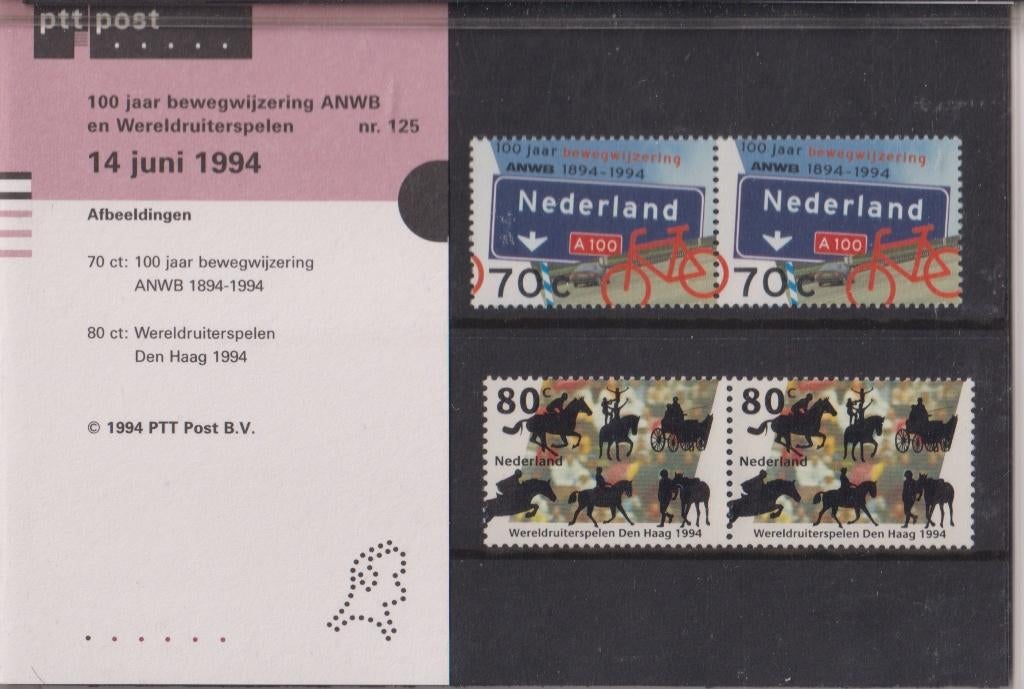 Nederland 125 Postzegelmapje100 j ANWB borden Ruiterspelen, Verzenden, Postfris, Sport