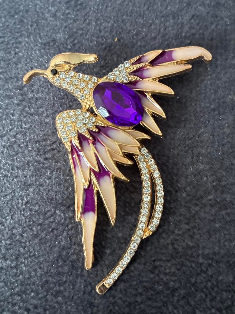 Elegante Broche Vogel met Paarse Steen en Strass, Overige materialen, 4 tot 7 cm, Ophalen of Verzenden, Zo goed als nieuw