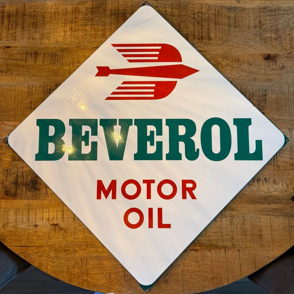 Emaille Reclamebord Beverol Motor Oil, Verzamelen, Ophalen of Verzenden, Reclamebord
