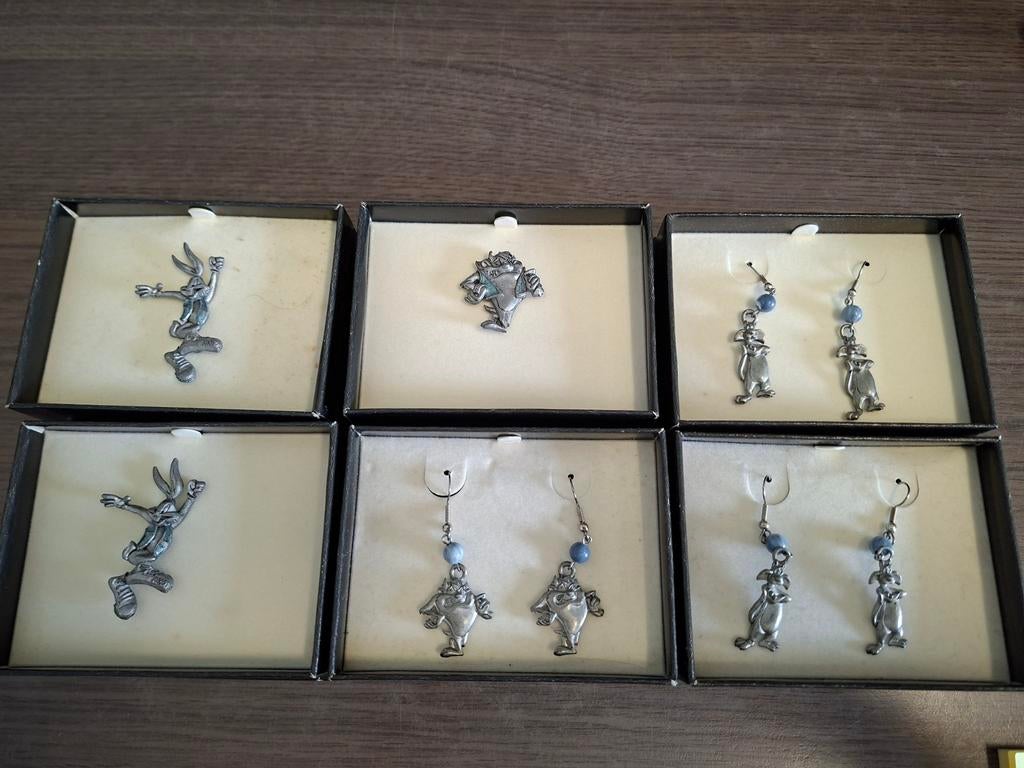 Warner Bros 1994 tinnen pins en oorbellen, Warner Bros, Figuurtje, Gebruikt, Usa