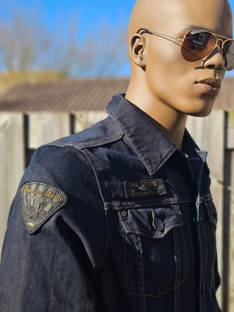 Pme Legend spijkerjas / denim jeans jack met badges (L) zgn, Kleding | Heren, Jassen | Zomer, Maat 52/54 (L), Blauw, ., Ophalen of Verzenden