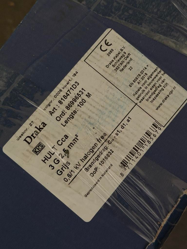 4x DRAKA HULT DCA EN Cca 3G 2.5 mm2 kabel 100m grijs, Doe-het-zelf en Verbouw, Elektra en Kabels, Ophalen, Nieuw, Overige typen