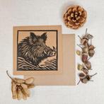 Dubbele kaart met envelop zwijn handgemaakt linosnede 15x15, Ophalen of Verzenden, Nieuw