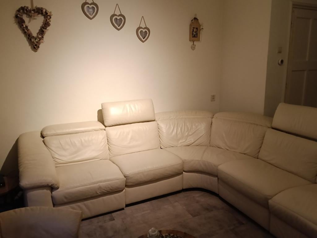 Crème wit leren loungebank 3 x 3 meter - T.E.A.B., Huis en Inrichting, Banken | Bankstellen, Gebruikt, Hoekbank, 300 cm of meer