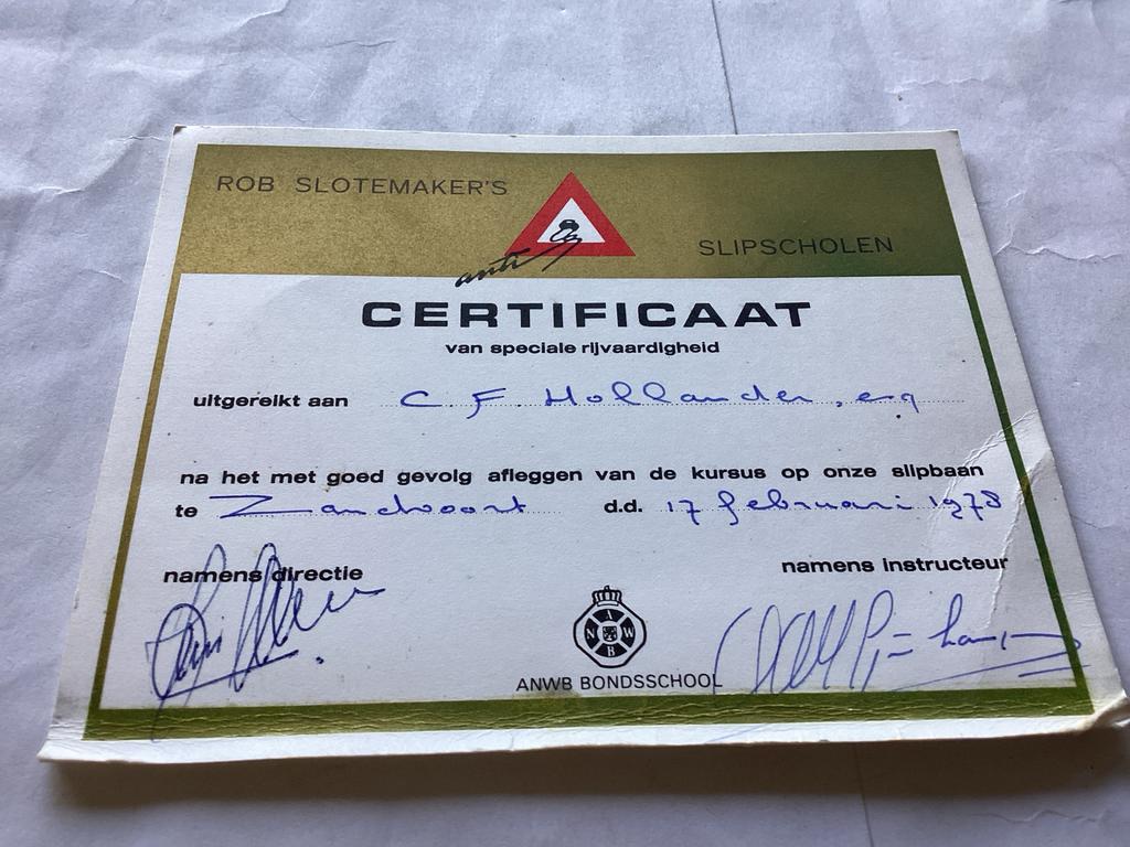 Certificaat speciale rijvaardigheid Rob Slotemaker 1973, Ophalen of Verzenden