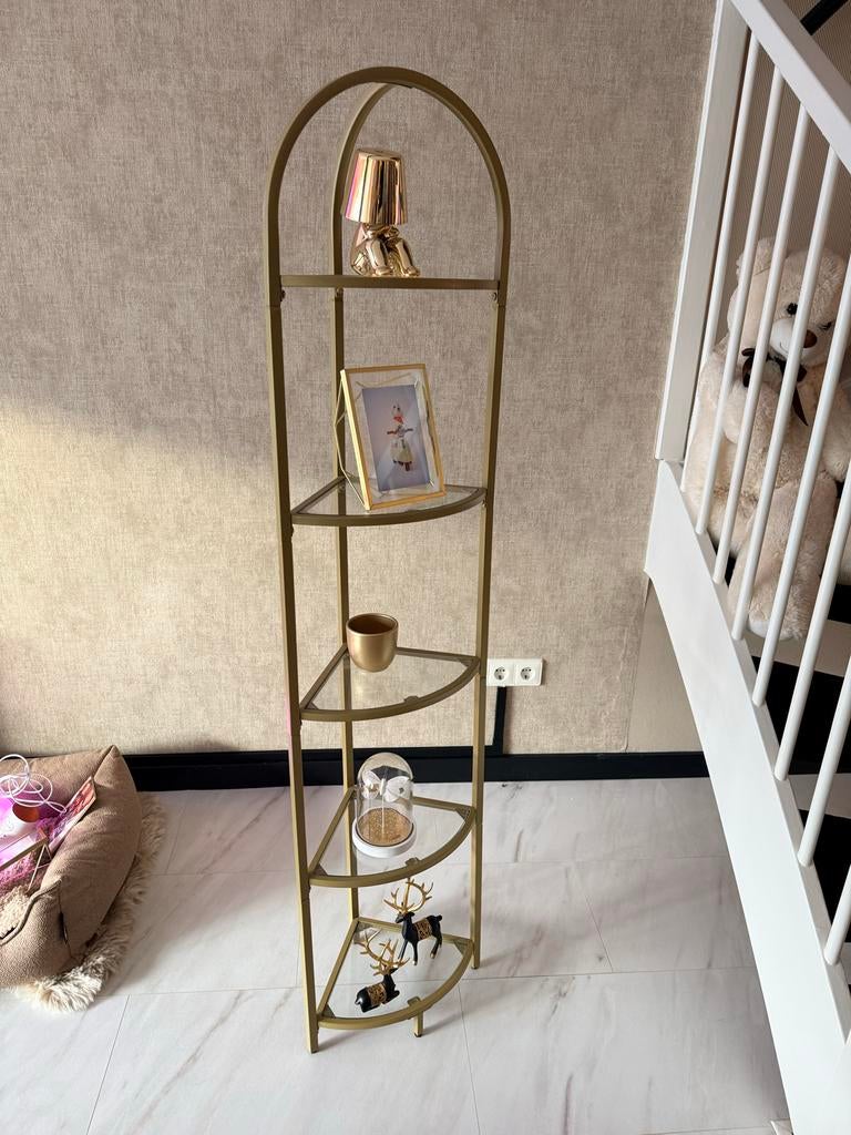 Gouden stellingkast met glazen planken, Ophalen of Verzenden, Zo goed als nieuw