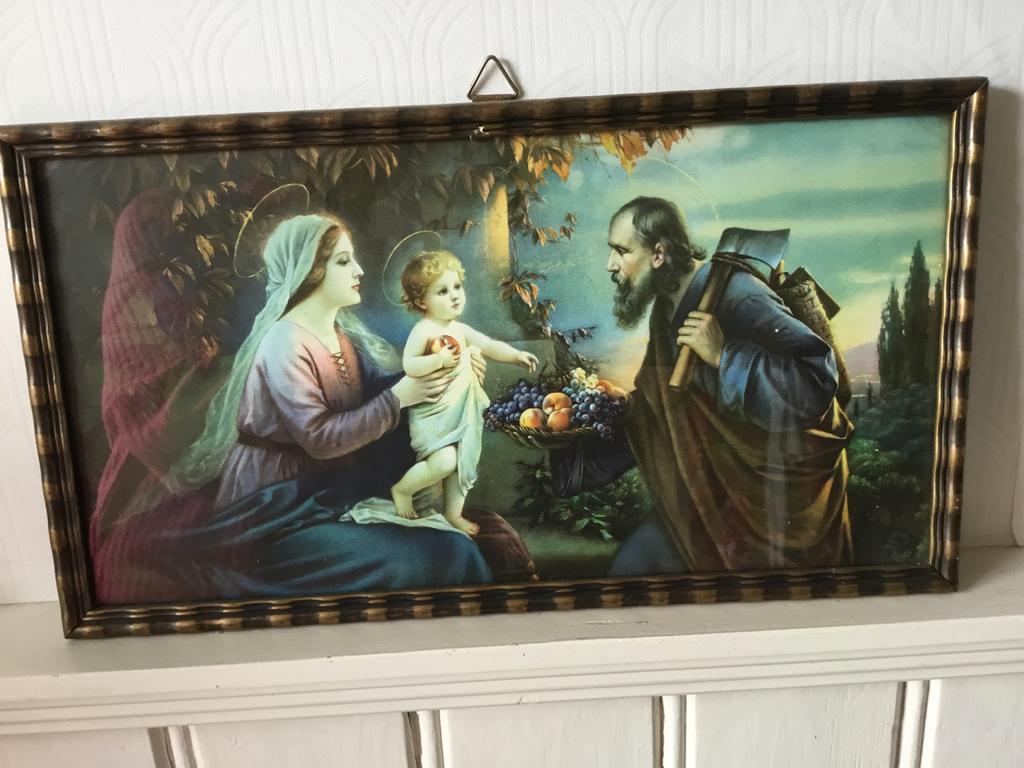 Antieke religieuze prent: Heilige Familie met Jozef, Ophalen of Verzenden