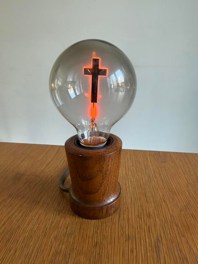 Vintage midcentruy kruislampje / devotielampje - hout design, Vintage mid century religieus sixties seventies design, Ophalen of Verzenden
