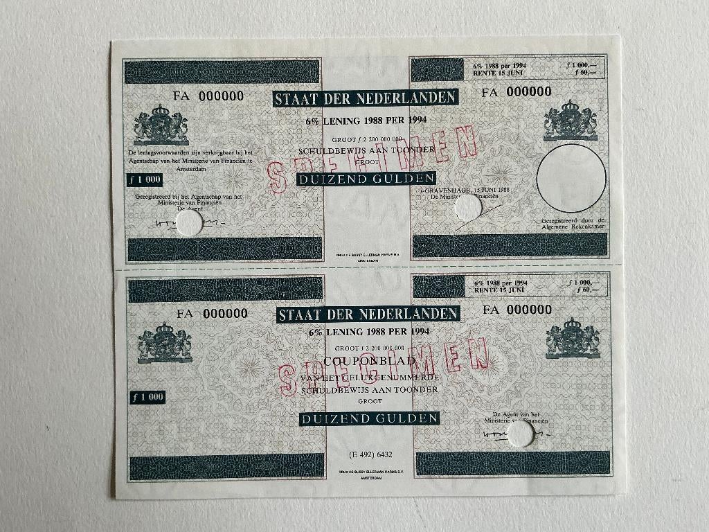 6% Staatslening1988 per 1994, 1000 Gulden, Specimen, Postzegels en Munten, Aandelen en Waardepapieren, Ophalen of Verzenden, 1970 tot heden