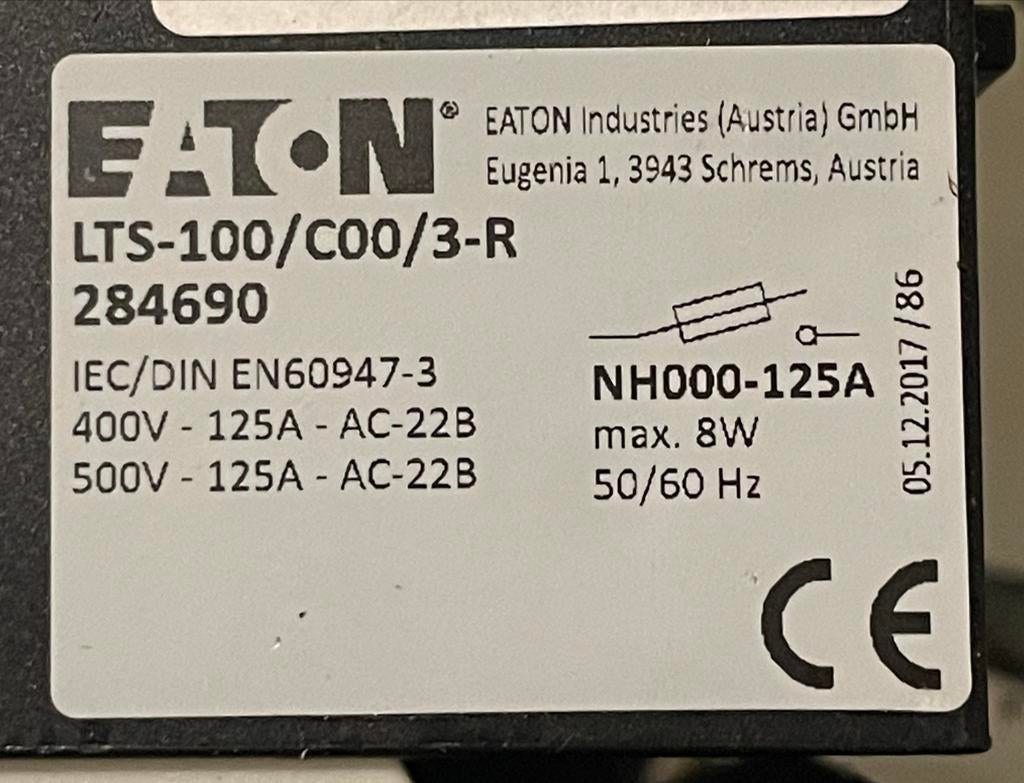 Eaton Veiligheidslastscheider LTS-100/C00/3-R met 63A mespat, Doe-het-zelf en Verbouw, Elektra en Kabels, Ophalen of Verzenden