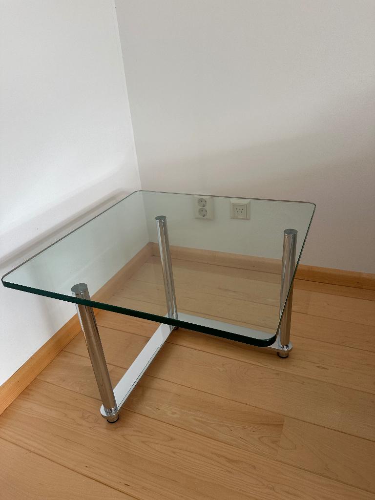 Vierkante glazen (hoek) tafel op chromen frame, Ophalen, Gebruikt, 50 tot 100 cm, Vierkant