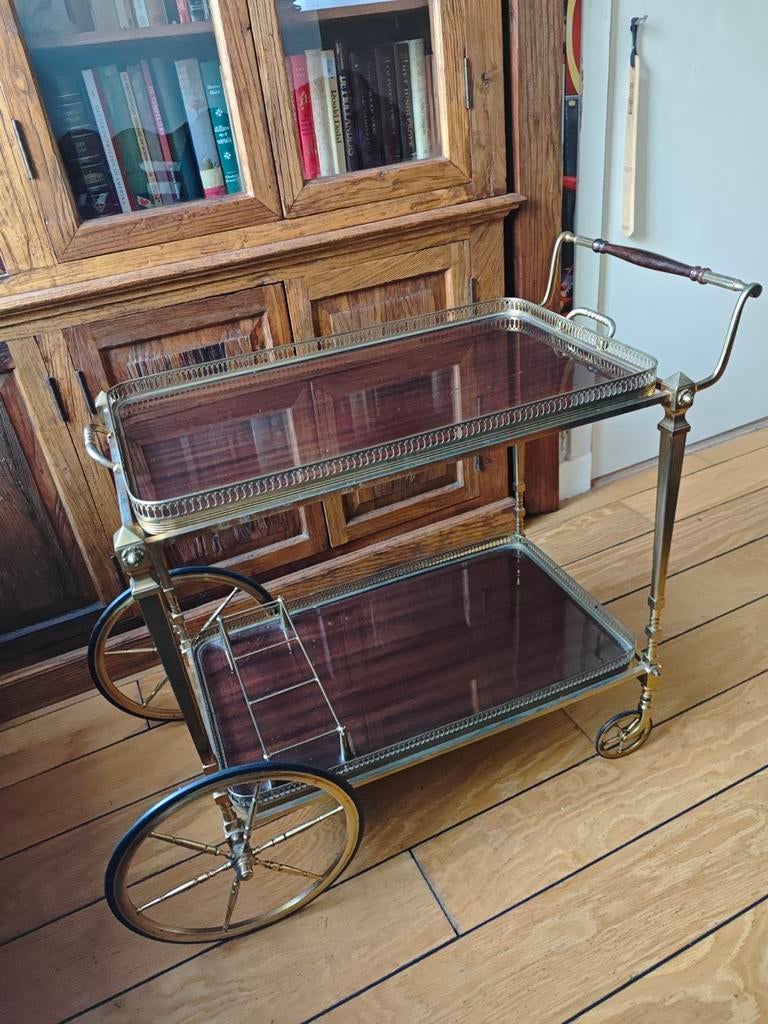 Klassieke Engelse bar cart trolley mahonie en messing, Ophalen, Minder dan 50 cm, 50 tot 100 cm, Koloniaal engels