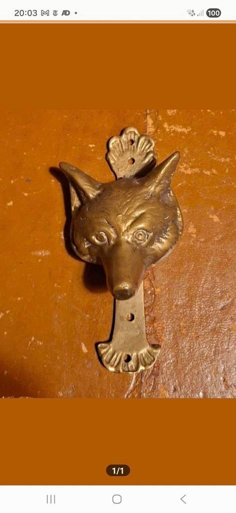 Antieke Koperen Deurklopper Vos / Wolf, Ophalen of Verzenden