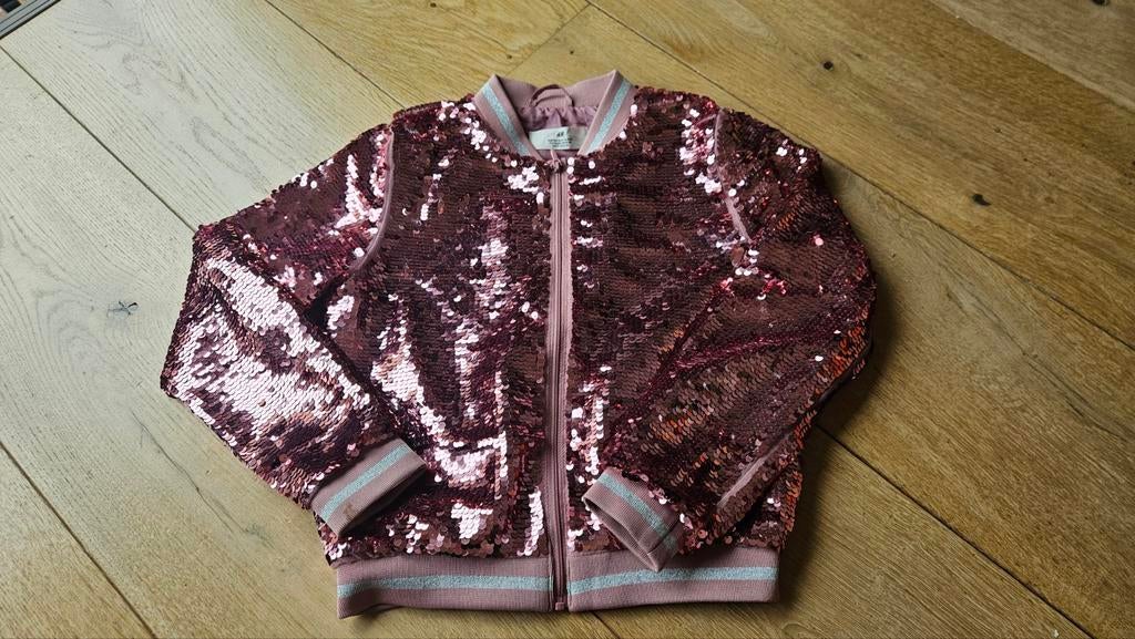 H&M Jas Meisjes Maat 134 - Roze met Pailletten en Eenhoorn, Meisje, H&M, Ophalen of Verzenden, Zo goed als nieuw