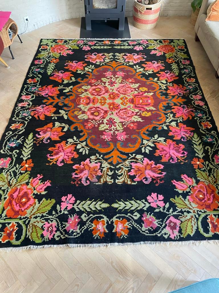 Rozenkelim 295 x 220, vintage kleed, tapijt, kelim, Ophalen, Gebruikt, 200 cm of meer, Rechthoekig