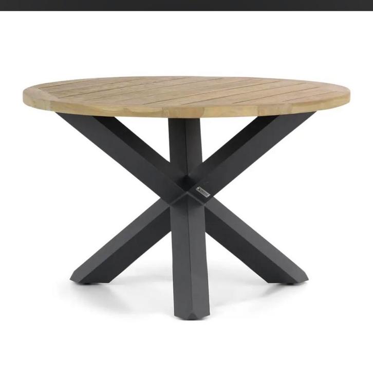 Ronde buiten eettafel (120 cm) met 3 stoelen, Tuin en Terras, Tuintafels, Gebruikt, Rond, Teakhout, Ophalen