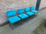 4 Ribstof Stoelen met Chrome Buisframe, Huis en Inrichting, Stoelen, Ophalen, Gebruikt, Blauw, Vier