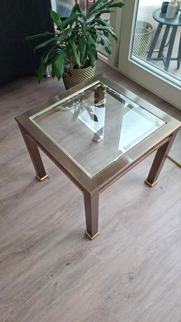 Bijzettafel vierkant glas/messing, Huis en Inrichting, Tafels | Salontafels, Ophalen, 50 tot 100 cm, 50 tot 75 cm, Vierkant