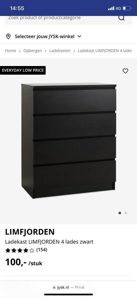 JYSK ladekast zwart met 4 lades, Ophalen, Zo goed als nieuw