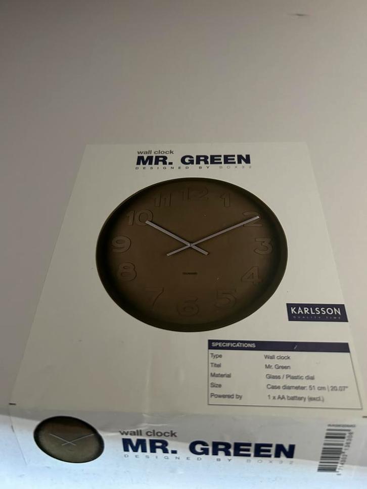 Karlsson Mr. Green Wandklok - 51 cm, Huis en Inrichting, Woonaccessoires | Klokken, Nieuw, Wandklok, Analoog, Ophalen of Verzenden