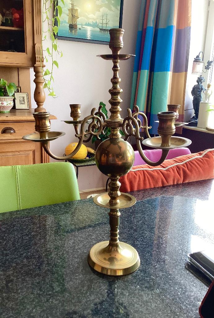 Kandelaar, messing, 5 armen, heksenbal, antiek, Antiek en Kunst, Ophalen, Koper of Brons