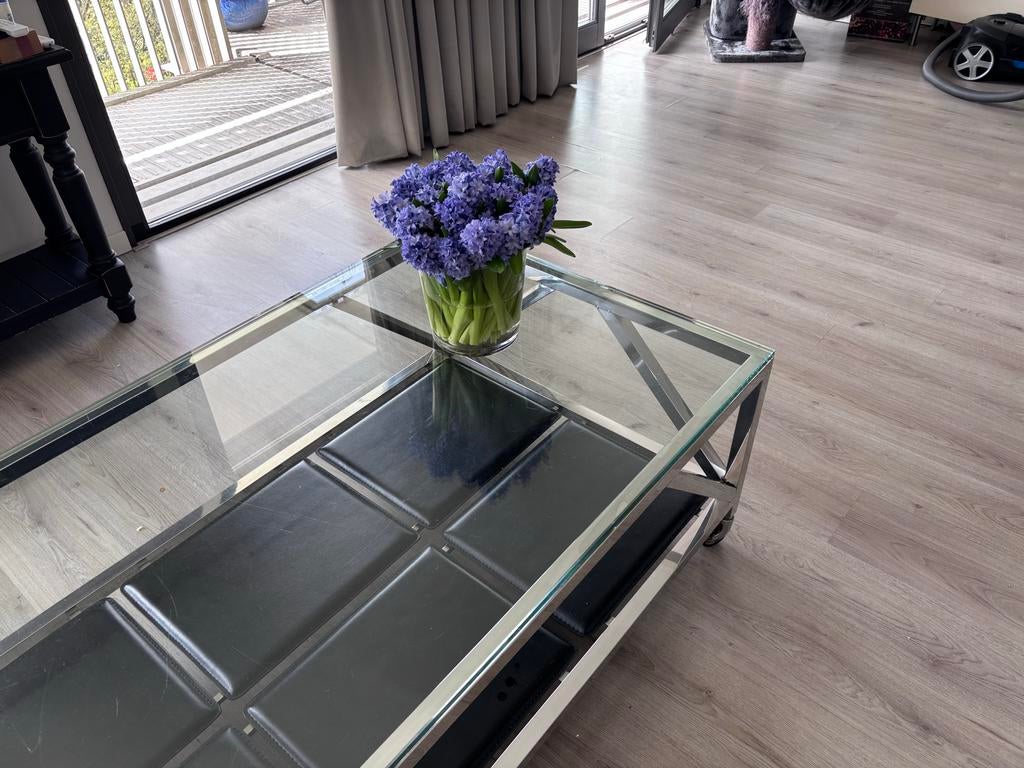 Eichholtz Prado Salontafel en Bijzettafel Zilver/Zwart Leer, Ophalen, Gebruikt, 100 tot 150 cm, 50 tot 75 cm