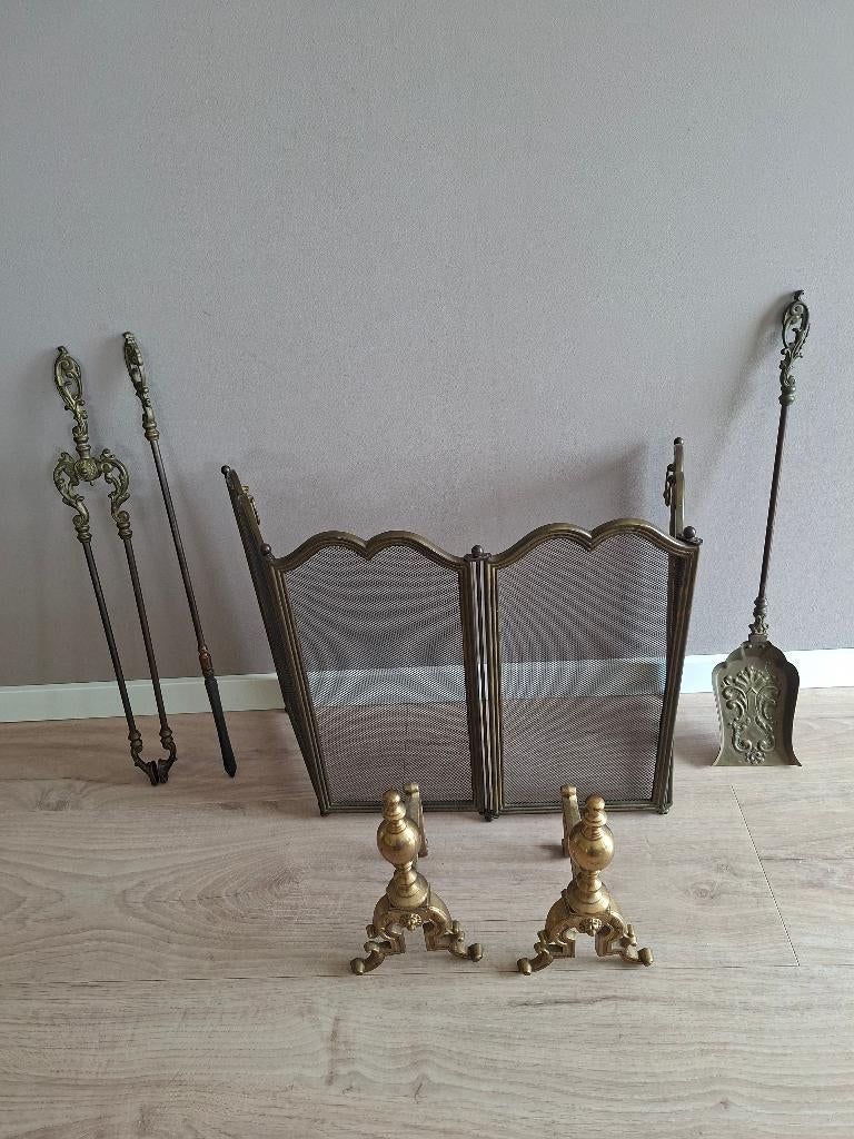 Antieke messing haardbokken en haardstel, Huis en Inrichting, Haarden, Ophalen, Gebruikt, Inbouwhaard, Houthaard