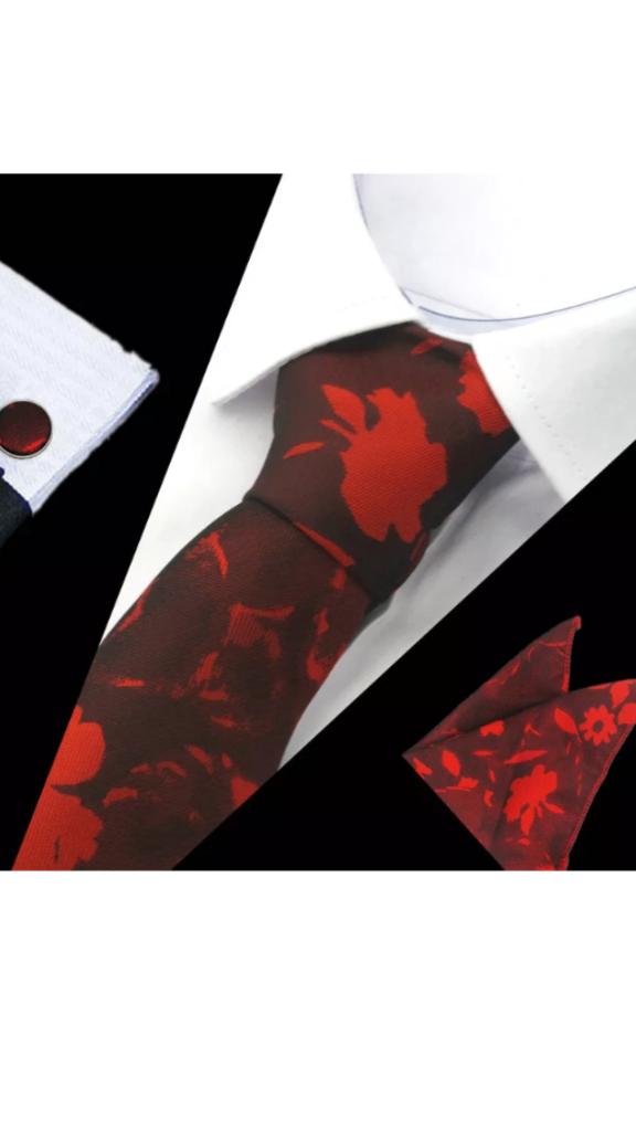100% zijde Stropdas Pochet Manchetknopen Rood design -NIEUW-, Ophalen of Verzenden, Nieuw, Rood, Met patroon